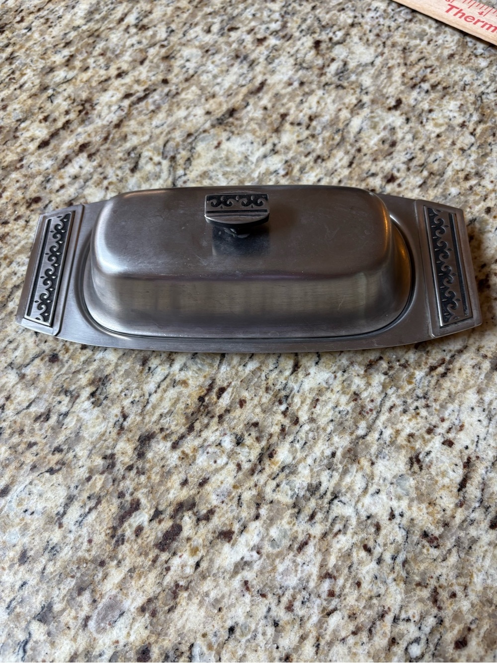 Vintage Mid Century Covered Butter Dish with Ornate Handle Accents